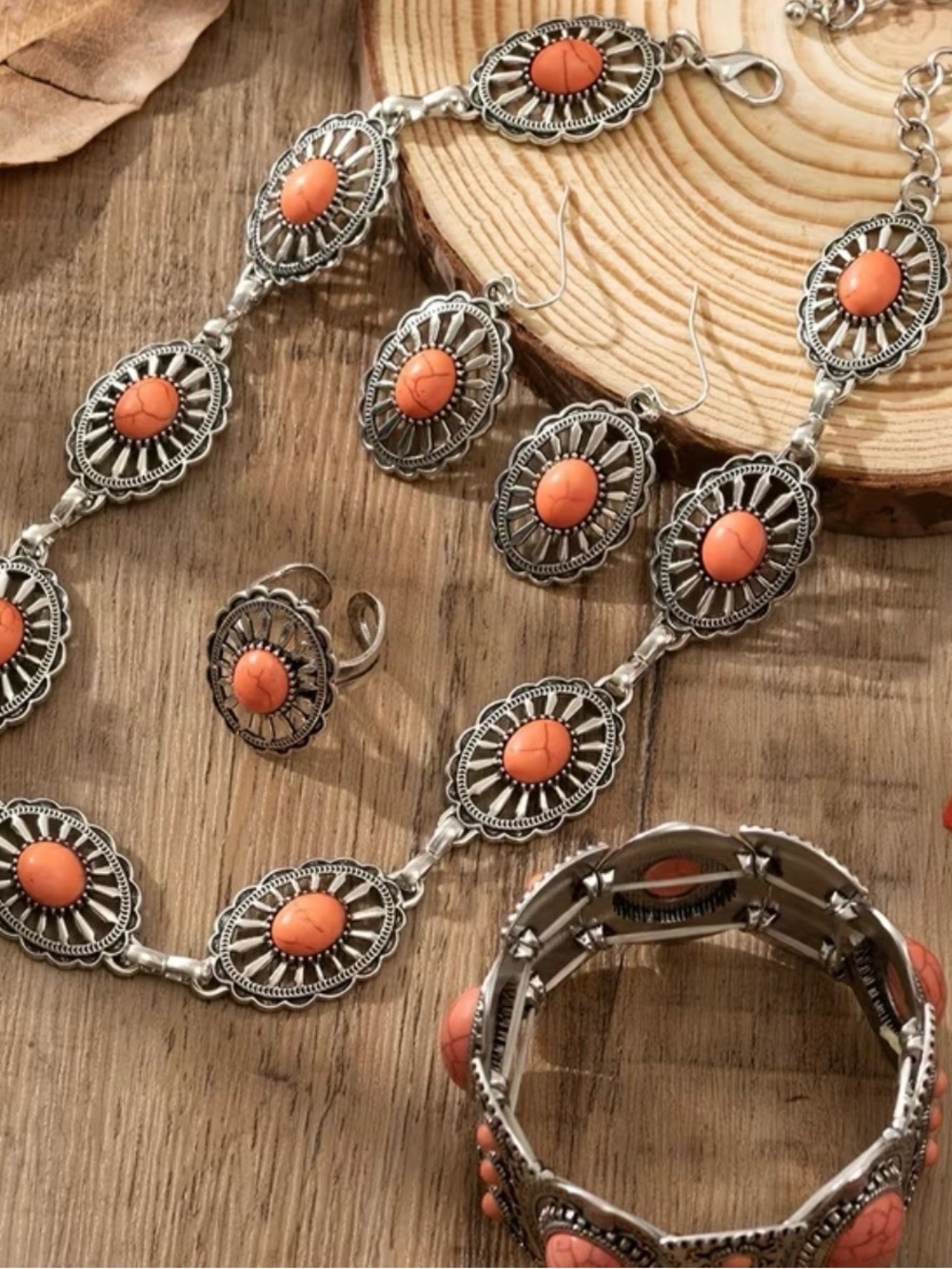 Silver-Tone Coral Oval Concho Necklace Set - Women Jewelry